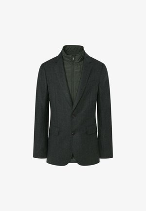 Antraciet wollen mix jasje met een subtiel herringbone patroon, notch lapels, twee knopen en een groene ritssluiting aan de binnenkant.