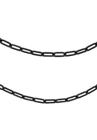 Catena in metallo nero esposta in due righe, caratterizzata da anelli ovali allungati con una superficie liscia e forma uniforme, posta su uno sfondo bianco.