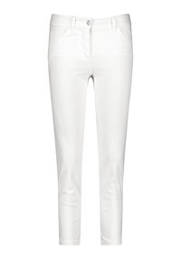 Pantalones ajustados blancos con una textura suave, bolsillos estándar y una cintura con trabillas para cinturón. Presentan un cierre frontal con botón.