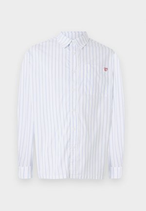 White button-up shirt with blue vertical stripes, long sleeves, collar, and left chest pocket featuring a small red logo. Cotton material.