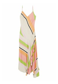 Robe à fines bretelles, ornée de rayures diagonales dans des couleurs pastel : vert, rose, orange et crème, avec des accents noirs et un ourlet fluide.