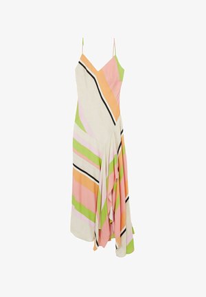 Vékony pántos ruha, pasztell színű diagonális csíkokkal: zöld, rózsaszín, narancs és krém, fekete részletekkel és lebegő szegéllyel.