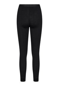 Sorte leggings lavet af et glat, strækbart stof. De har en tætsiddende silhuet, ankel-længde og en elastisk talje.