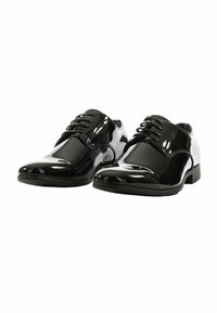 Scarpe da uomo in vernice nera con punta rotonda, design con lacci e tacco basso a blocco. Superficie liscia e lucida con dettagli di cucitura minimi.