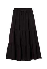 Falda maxi negra con volantes, con cintura elástica y cordón ajustable, hecha de un tejido suave y que presenta tres capas con volantes.