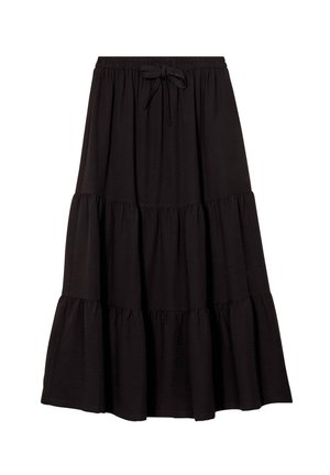 Zwarte maxirok in lagen met een elastische tailleband en trekkoord, gemaakt van zachte stof, met drie gerimpelde lagen.