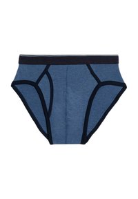 Slip in cotone blu navy con cintura e rifiniture scure a contrasto. Caratterizzato da un taglio classico e un tessuto strutturato con cuciture rinforzate.