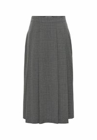 Falda plisada gris hecha de tela tejida, con un sutil patrón de cuadros y un corte a media longitud con una cintura ajustada.