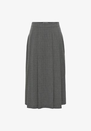 Grey pleated skirt made of woven fabric, featuring a subtle check pattern and a mid-length cut with a fitted waistband.