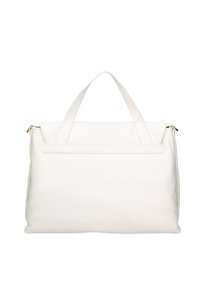 Sac cabas en cuir blanc avec doubles poignées supérieures, texture lisse, design plat et détails de couture minimaux. Dispose d'une ouverture supérieure sans quincaillerie visible.