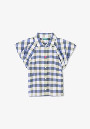 Chemise à manches courtes, col, dans un motif à carreaux vert et bleu. Dispose d'une patte de boutonnage à l'avant avec des boutons blancs et d'un petit logo de fleur.