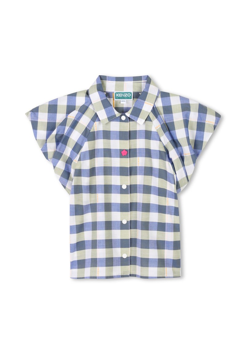 Chemise à manches courtes, col, dans un motif à carreaux vert et bleu. Dispose d'une patte de boutonnage à l'avant avec des boutons blancs et d'un petit logo de fleur.