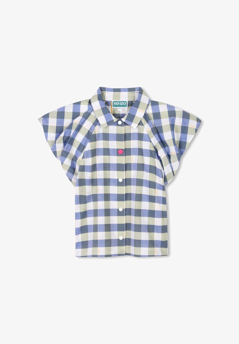 Chemise à manches courtes, col, dans un motif à carreaux vert et bleu. Dispose d'une patte de boutonnage à l'avant avec des boutons blancs et d'un petit logo de fleur.