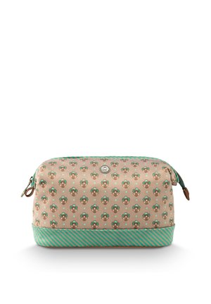 Beige and turquoise rectangular cosmetic bag with small floral patterns and a striped base, featuring a zipper and a round metal logo.