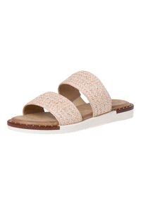Woven, beige slide sandals with two wide straps, soft footbed, and a textured, white outsole. Includes a subtle brown accent on the sole.