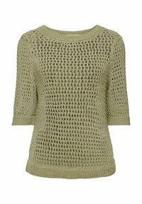 Pull en maille vert clair à manches courtes avec motif ajouré et bords côtelés aux manches, à l'encolure et à l'ourlet.