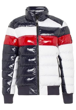 Gepolsterte Jacke mit glatten Einsätzen in Marineblau, Rot und Weiß, hohem Kragen, Frontreißverschluss und gerippten Bündchen. Texturiertes, leichtes Design.