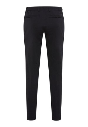 Zwarte broek met een slim fit, gemaakt van een gladde stof. Bevat een klassieke tailleband, ritssluitingen op de achterzakken en heeft geen zichtbare patronen.