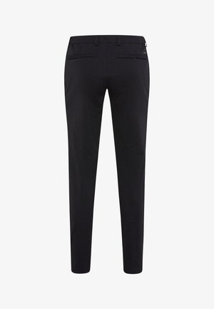 Pantaloni neri a vestibilità slim, realizzati in tessuto liscio. Presentano una vita classica, tasche posteriori con zip e nessun motivo visibile.