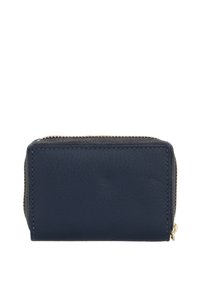 Navy leather wallet with textured finish, smooth zipper, and gold-tone hardware. Rectangular shape, compact design for cards and cash.