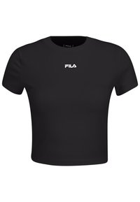Zwarte kortere mouw crop top van zacht materiaal, met een witte FILA-logo op de borst en een ronde halslijn.
