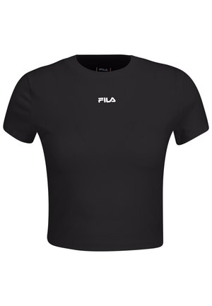 Sort kortærmet crop top lavet af blød stof, med et hvidt FILA-logo i midten af brystet og en rund halsudskæring.