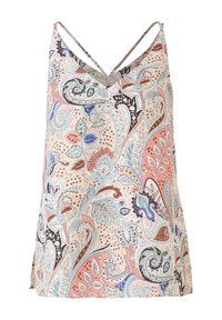 Camisole sans manches à encolure en V avec fines bretelles, présentant un motif cachemire pastel dans des nuances de bleu, rose, beige et marron.