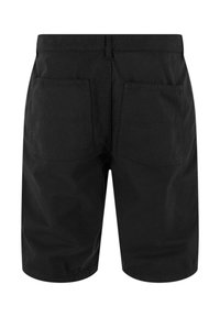 Shorts negri din bumbac cu un talie plată, dotate cu două buzunare la spate. Materialul are o textură netedă și un croi clasic.