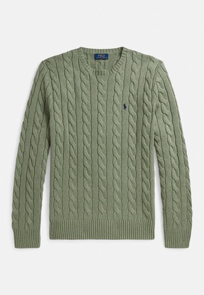 Green cable-knit sweater featuring a crew neck, ribbed cuffs and hem, and a small embroidered logo on the chest. Textured and medium weight.