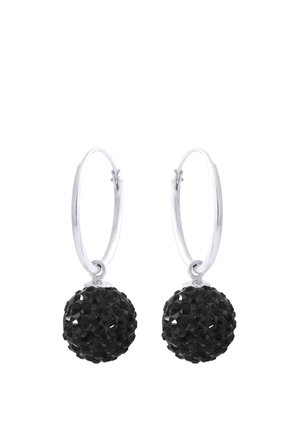 Boucles d’oreilles créoles en argent avec des breloques sphériques noires pendantes recouvertes de petites pierres précieuses facettées.