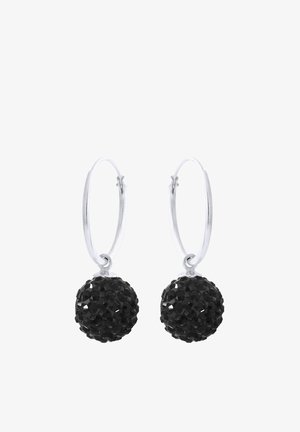 Boucles d’oreilles créoles en argent avec des breloques sphériques noires pendantes recouvertes de petites pierres précieuses facettées.
