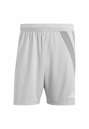 Shorts de sport gris clair avec taille élastique, poches latérales et un logo blanc discret sur la partie inférieure de la jambe droite.