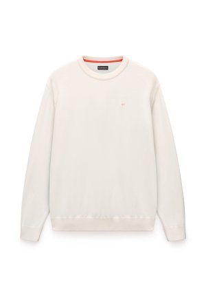 Light cream crewneck sweatshirt with ribbed shoulder details, soft texture, and a small logo on the chest. No patterns or accents.