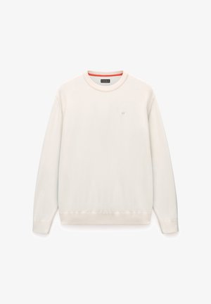 Lysecreme crewneck sweatshirt med ribbede skulderdetaljer, blød tekstur og et lille logo på brystet. Ingen mønstre eller accenter.