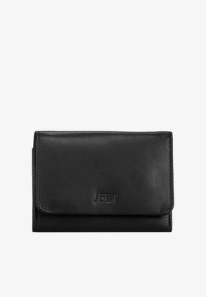 Black leather bi-fold wallet with stitched edges and embossed logo on front flap, closed and laying flat.