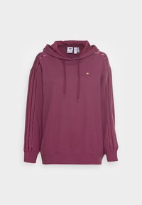 Bordeaux hoodie med dragsko på huvan, guld logotyp på bröstet och mönstrade sidostycken i ljusare nyanser. Mjuk textil med ribbade manschetter.