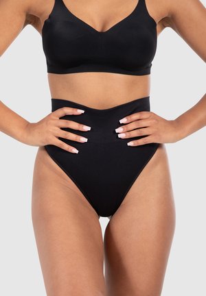 Culottes noires taille haute en tissu lisse et extensible, avec un design sans coutures et uneLarge ceinture pour plus de confort.
