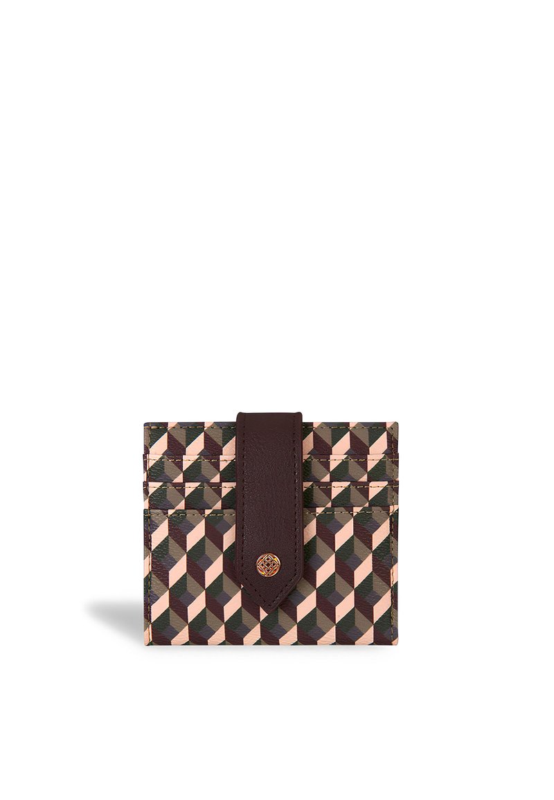 Cardholder in geometric pattern with pink, brown, and green colors. Features a brown leather flap with a metal accent and multiple card slots.