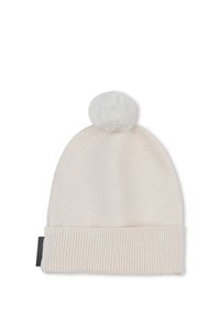 Berretto lavorato a maglia di colore bianco sporco con risvolto a coste e un morbido pom-pom in pelliccia sintetica sulla sommità. Texture liscia con motivi a cucitura sottili.