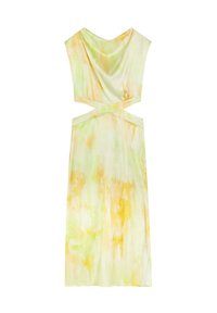 Cutout back dress in lightweight, silky fabric. Features a yellow and green watercolor pattern, with a flowing silhouette and wide sleeves.