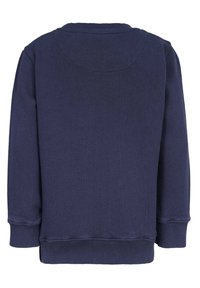 Mörkblå sweatshirt gjord av mjukt tyg, med långa ärmar, ribbade muddar och en rundad halsringning med en slät yta.