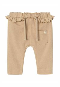 Pantaloni beige con una vita arricciata, laccio di regolazione e una piccola tasca. Tessuto textured con un sottile motivo a righe.