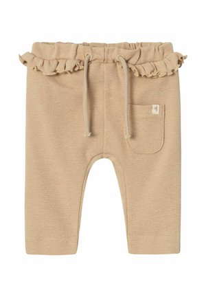 Pantaloni beige con una vita arricciata, laccio di regolazione e una piccola tasca. Tessuto textured con un sottile motivo a righe.