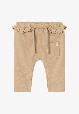Pantaloni beige con una vita arricciata, laccio di regolazione e una piccola tasca. Tessuto textured con un sottile motivo a righe.