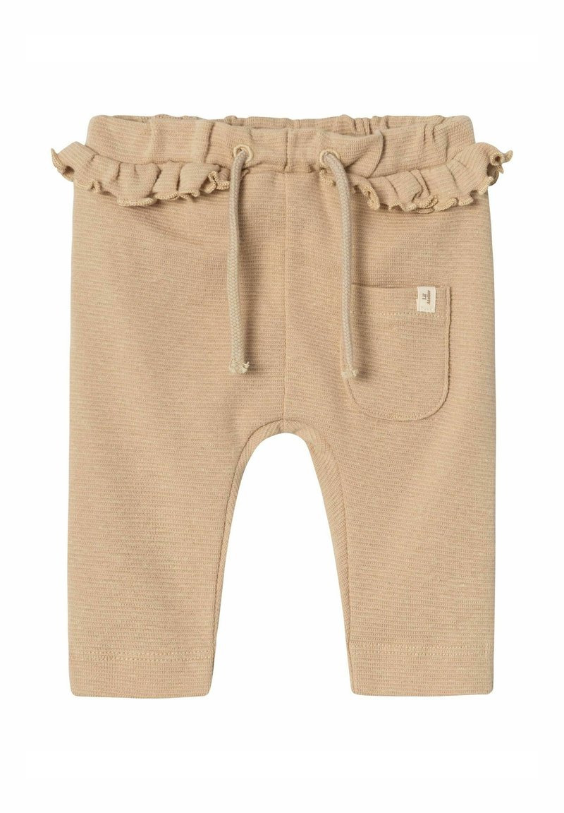 Pantaloni beige con una vita arricciata, laccio di regolazione e una piccola tasca. Tessuto textured con un sottile motivo a righe.
