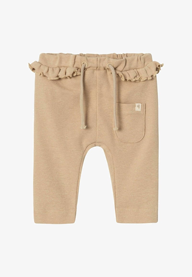 Pantaloni beige con una vita arricciata, laccio di regolazione e una piccola tasca. Tessuto textured con un sottile motivo a righe.