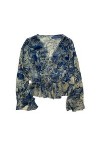 Blusa floreale con maniche lunghe, nella combinazione di colori blu e beige, caratterizzata da scollatura a V, chiusura con bottoni e vita arricciata per una vestibilità cropped.
