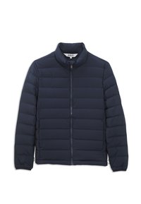 Veste matelassée légère bleu marine avec col montant, fermeture éclair devant, poignets élastiques et motif de couture horizontal.