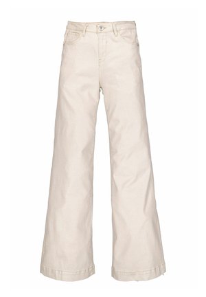 Beige wijde jeans van denim, met een hoge taille, zichtbare stiksels, klassieke zakken en een knopenrits.