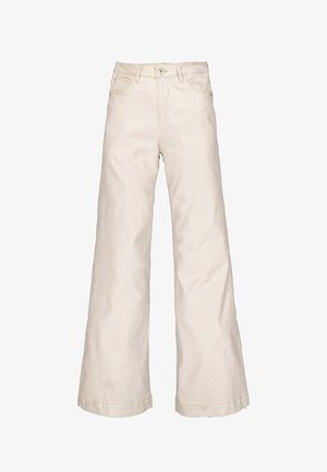 Beige weite Jeans aus Denim, mit hoher Taille, sichtbarem Nähten, klassischen Taschen und einem Knopfverschluss.